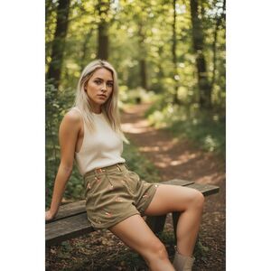 Women's XS Green Mushroom Embroidered Corduroy Shorts by Cider Cute & Trendy